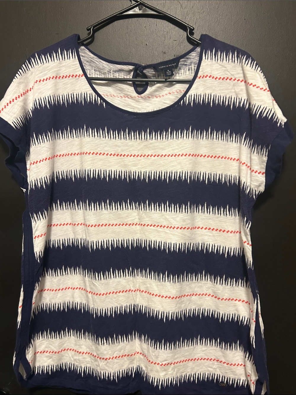 Striped Navy & White Short Sleeve Tee with Red Accent